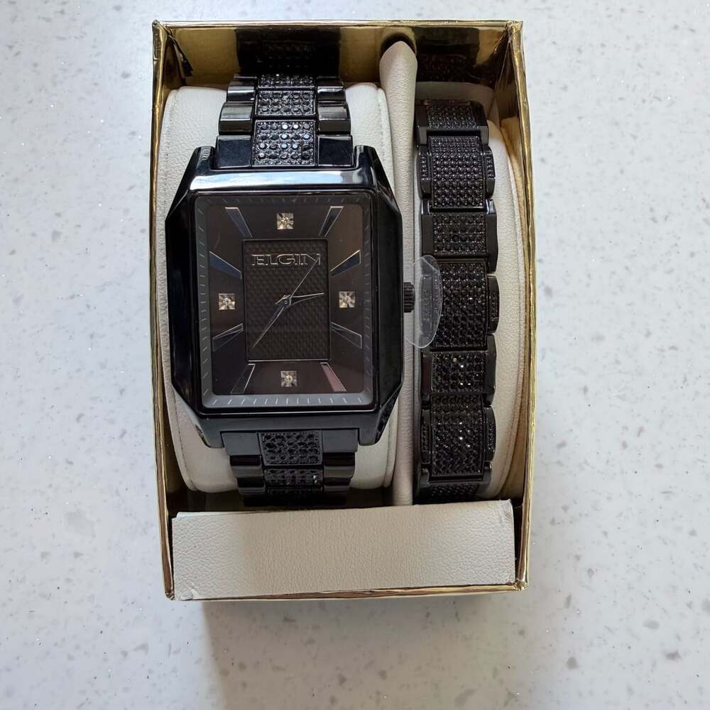 Elgin Men's Luxury Watch and Bracelet Set in Black with Pave Design